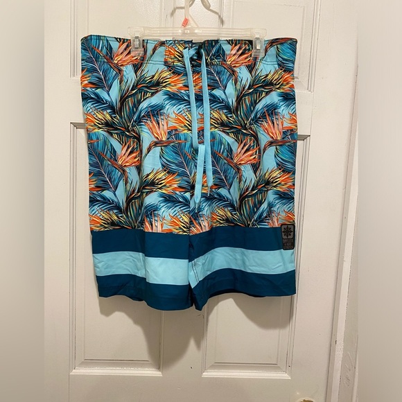 OP Blue and Orange Board Shorts Tropical Stripes - Picture 1 of 7